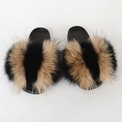 Summer Women Raccoon Fur Slippers Ladies Plush Slides Female Furry Sandals Fluffy House Shoes Girl's Cute Flip Flops Large Size