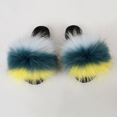 Summer Women Raccoon Fur Slippers Ladies Plush Slides Female Furry Sandals Fluffy House Shoes Girl's Cute Flip Flops Large Size