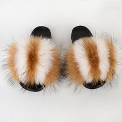 Summer Women Raccoon Fur Slippers Ladies Plush Slides Female Furry Sandals Fluffy House Shoes Girl's Cute Flip Flops Large Size