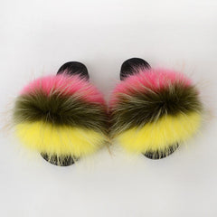 Summer Women Raccoon Fur Slippers Ladies Plush Slides Female Furry Sandals Fluffy House Shoes Girl's Cute Flip Flops Large Size