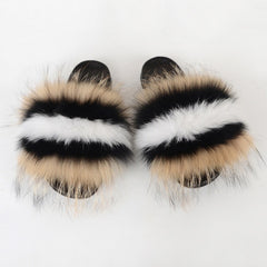 Summer Women Raccoon Fur Slippers Ladies Plush Slides Female Furry Sandals Fluffy House Shoes Girl's Cute Flip Flops Large Size