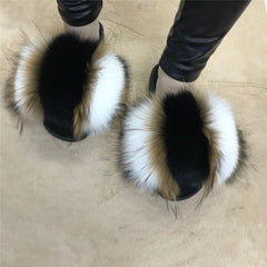 Summer Women Raccoon Fur Slippers Ladies Plush Slides Female Furry Sandals Fluffy House Shoes Girl's Cute Flip Flops Large Size