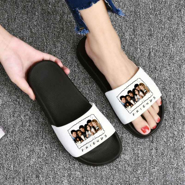 Women Slippers Friends Printing Cartoon Home Slippers Thick Sole Sandals Women Shoes Ladies Flip Flops Indoor Flat Ladie Slides