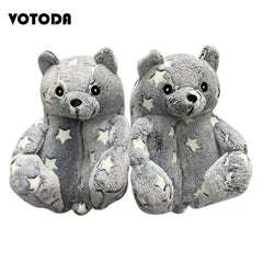Women Teddy Bear Plush Slippers Cartoon Cute Bear House Slipper Winter Warm Furry Faux Fur Slides Woman Furry Flip Flop Shoes