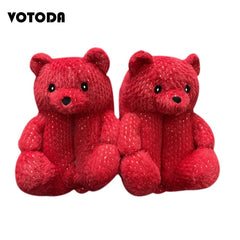 Women Teddy Bear Plush Slippers Cartoon Cute Bear House Slipper Winter Warm Furry Faux Fur Slides Woman Furry Flip Flop Shoes
