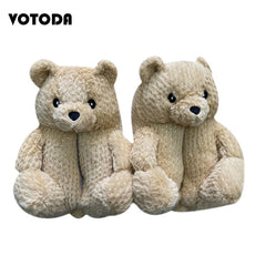 Women Teddy Bear Plush Slippers Cartoon Cute Bear House Slipper Winter Warm Furry Faux Fur Slides Woman Furry Flip Flop Shoes