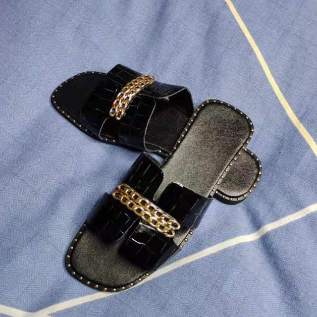 Classic Designer New 2021 Women Flat Flip Flops Double Chain Sandal Slippers Shoes Women Lady Flats Slippers Sandals Shoes Woman