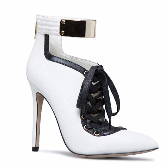 2019 Women Leather Pumps Pointed Toe Stiletto High Heels Metal Decor Cross-tied Design Charming Dress Pumps Party Shoes Woman