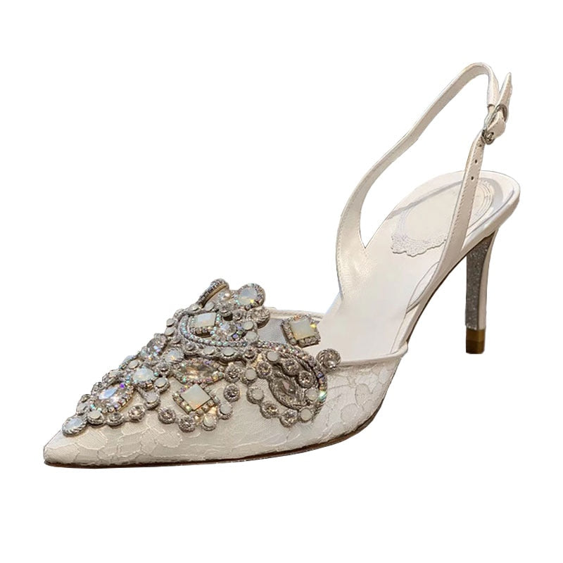 Summer White leather Lace slingback pumps Women's Party mid high stiletto heels Lady Shoes